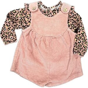 Mud Pie Pink Corduroy Romper with Leopard Print Top Baby Girl Size 6-9 Mo